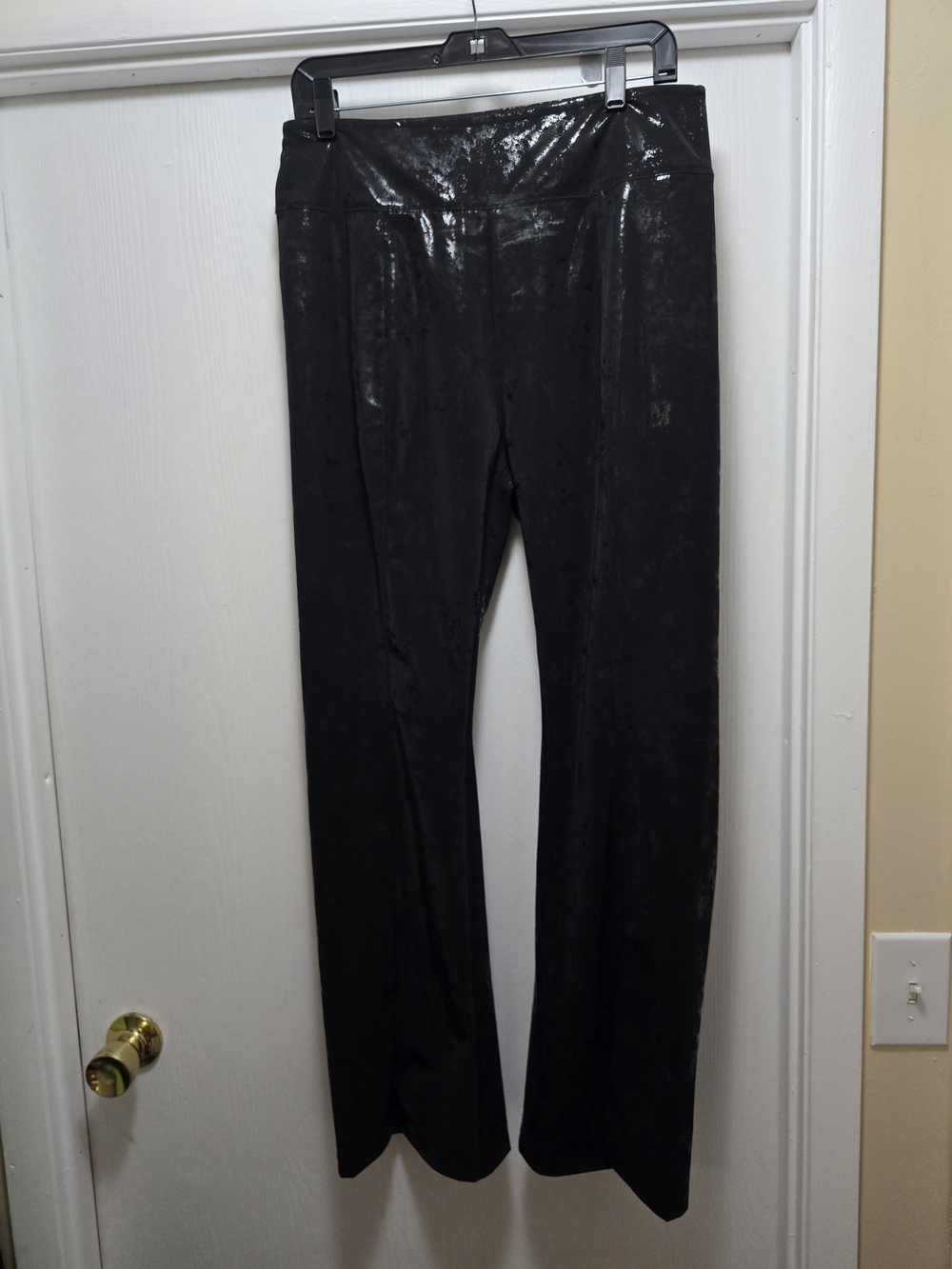 Ladies Black High-Waist Shiny Wide-Leg Pants